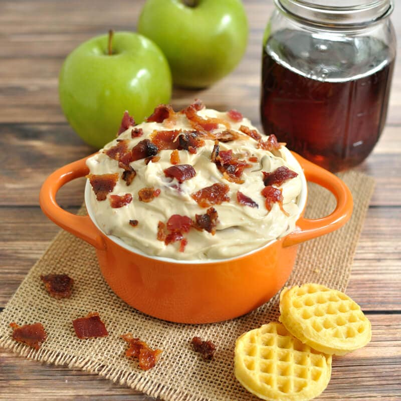 Creamy dip recipe with real maple syrup and candied bacon. Great for dipping mini waffles or apple slices.