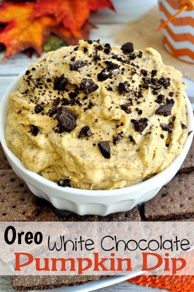 Pumpkin dip recipe with crushed Oreos and white chocolate chips. Great dessert dip for Halloween or Thanksgiving.