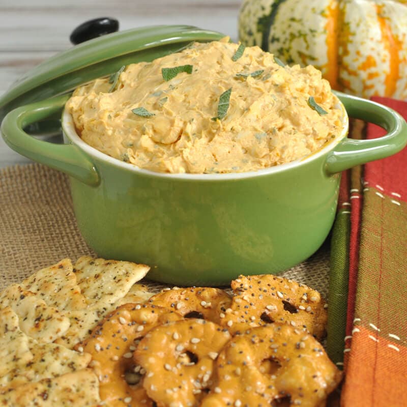 Easy dip recipe makes a great Thanksgiving appetizer. This white cheddar, pumpkin, and sage dip is perfect for any fall gathering. Serve with crackers or pretzels.