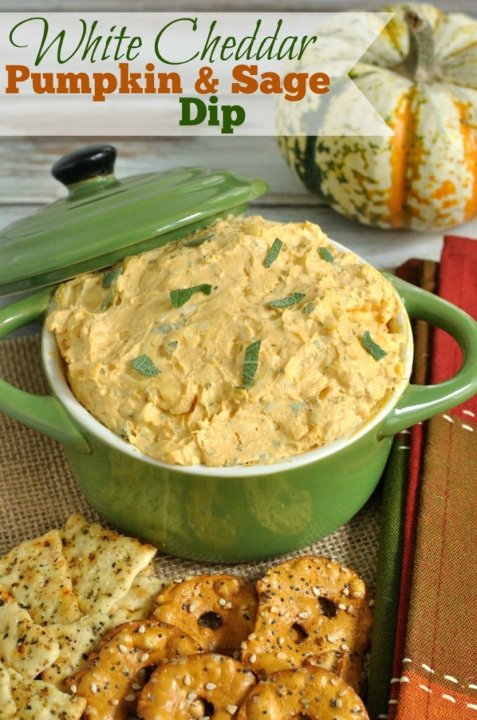 Easy dip recipe makes a great Thanksgiving appetizer. This white cheddar, pumpkin, and sage dip is perfect for any fall gathering. Serve with crackers or pretzels.