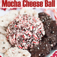 Peppermint mocha cheesecake cheese ball covered in crushed candy canes