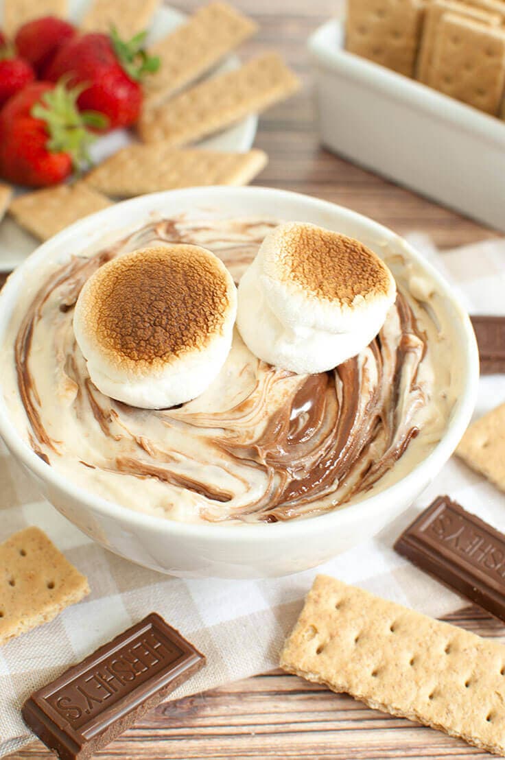 Creamy S'mores Dip recipe with toasted marshmallows and Hershey's chocolate bars