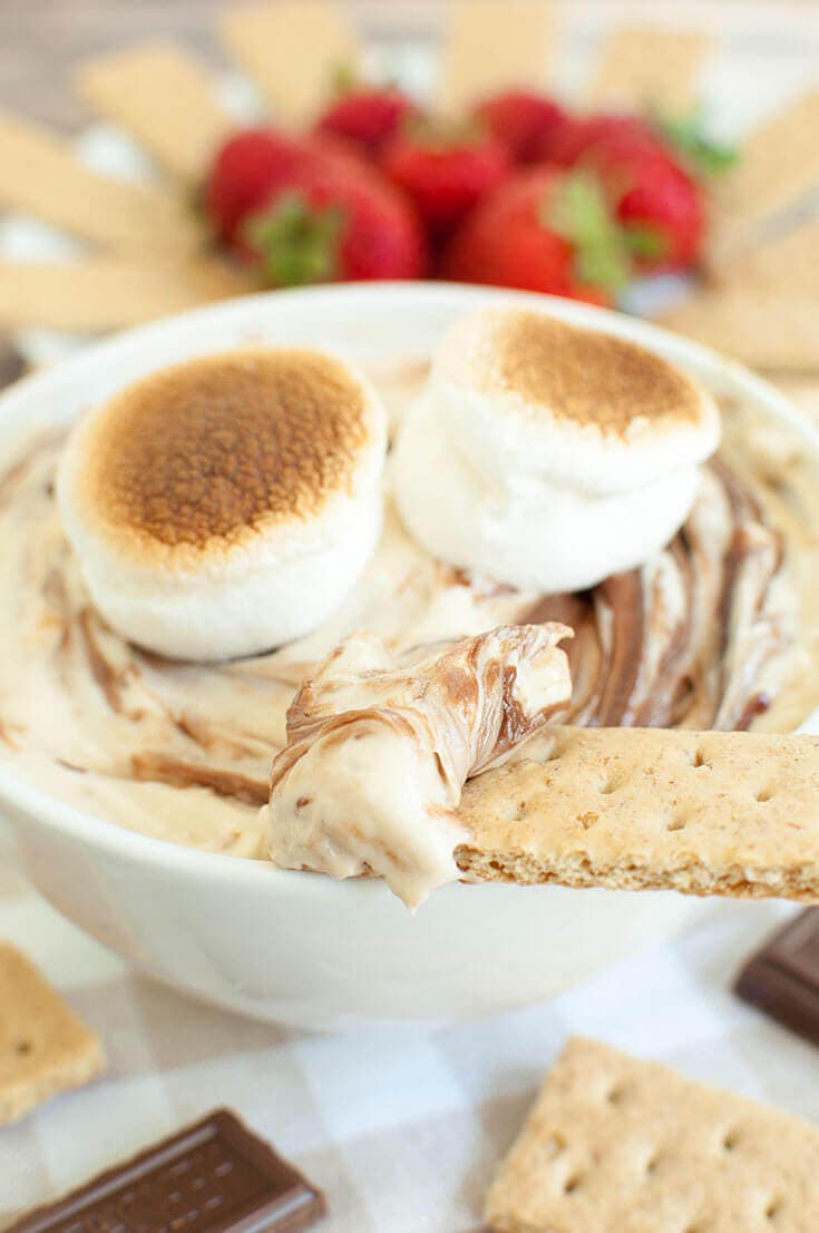 Creamy S'mores Dip recipe with toasted marshmallows and Hershey's chocolate bars