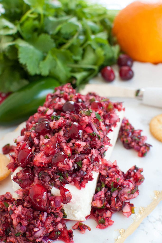 cranberry salsa over a block of cream cheese