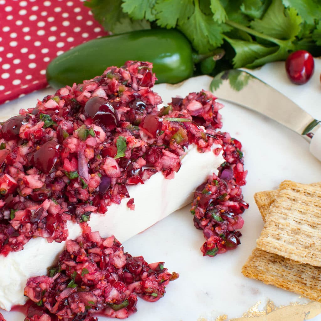 cream cheese block covered in cranberry salsa