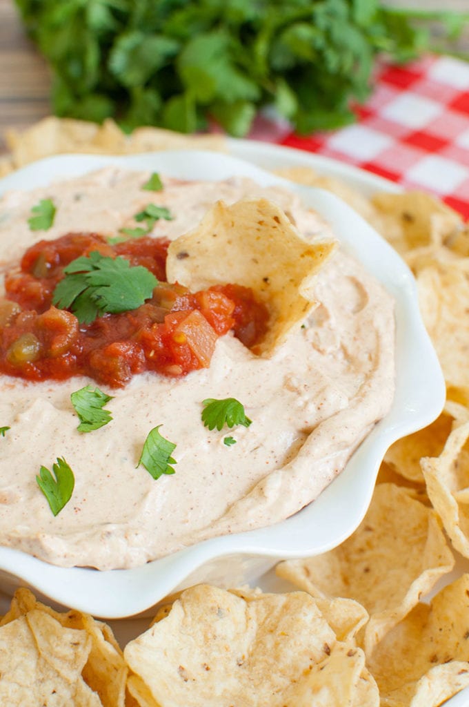chip dipped into a bowl of salsa dip