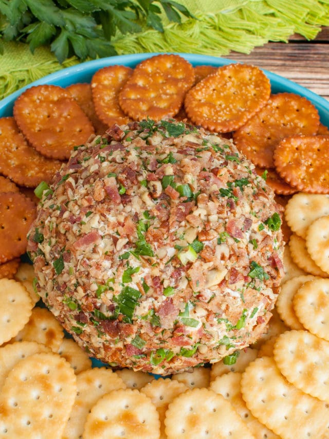 cheese ball on round platter with crackers and pretzels